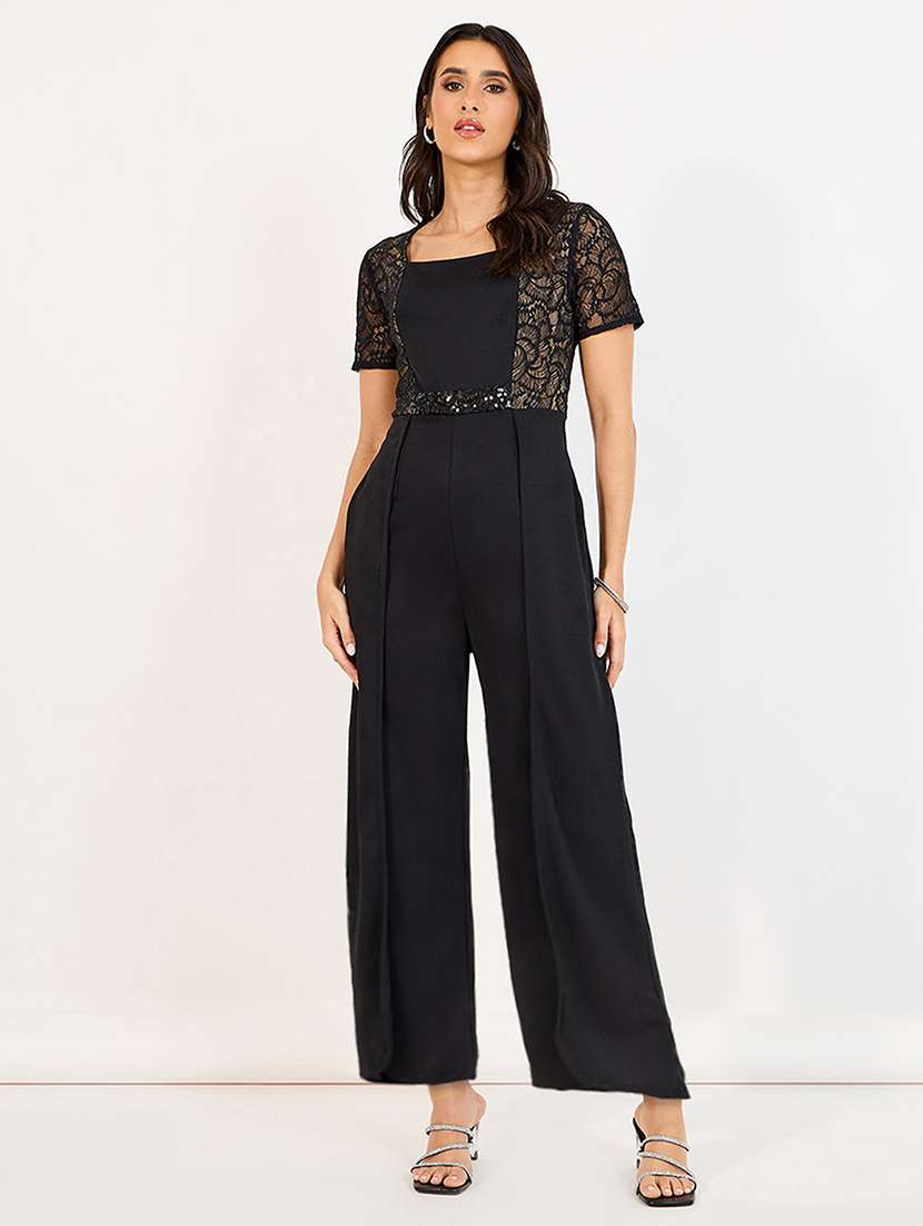 women self designed short sleeve lace jumpsuit