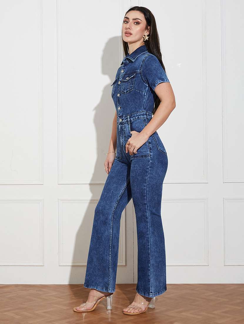 Women Solid Collared Short Sleeve Denim Jumpsuit - 22433481 -  Standard Image - 3