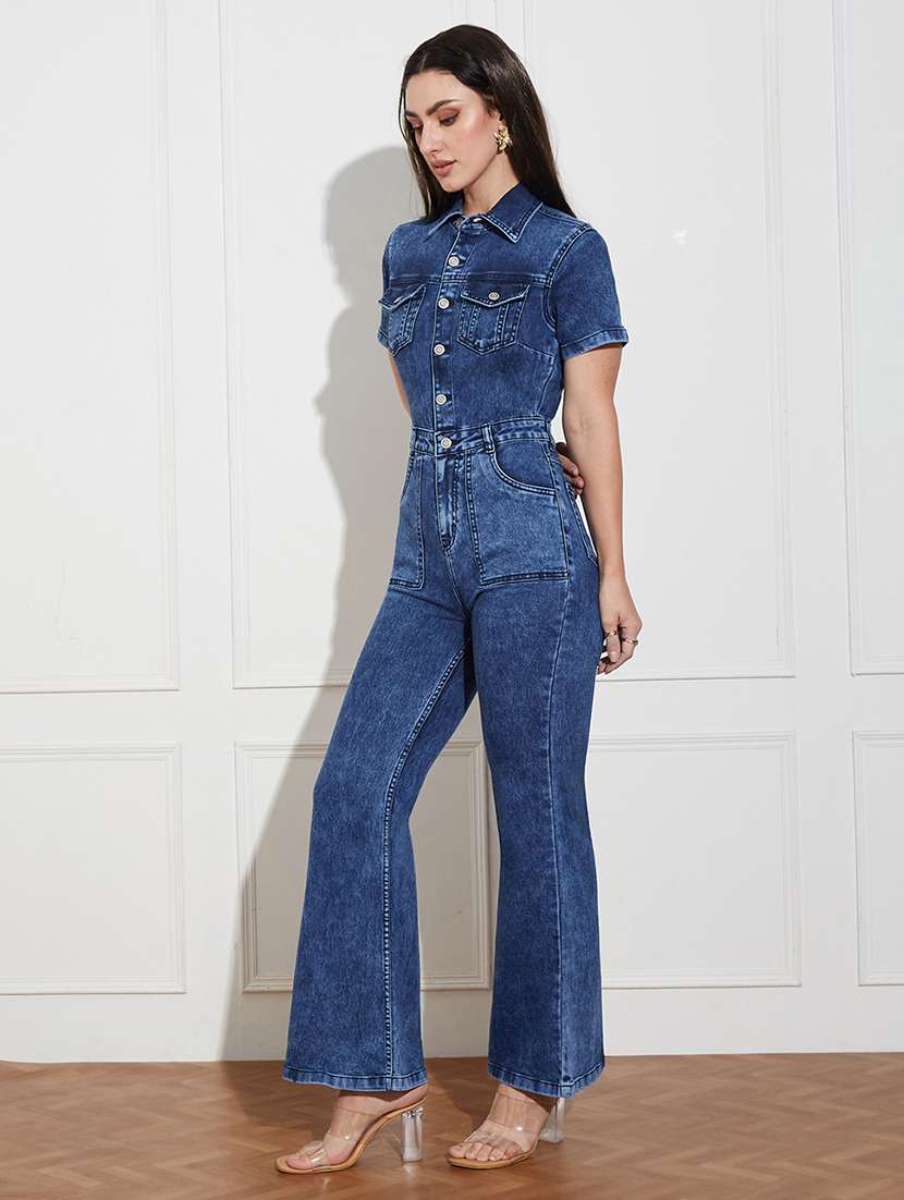 Women Solid Short Sleeve Collared Denim Jumpsuit - 22433486 -  Standard Image - 3