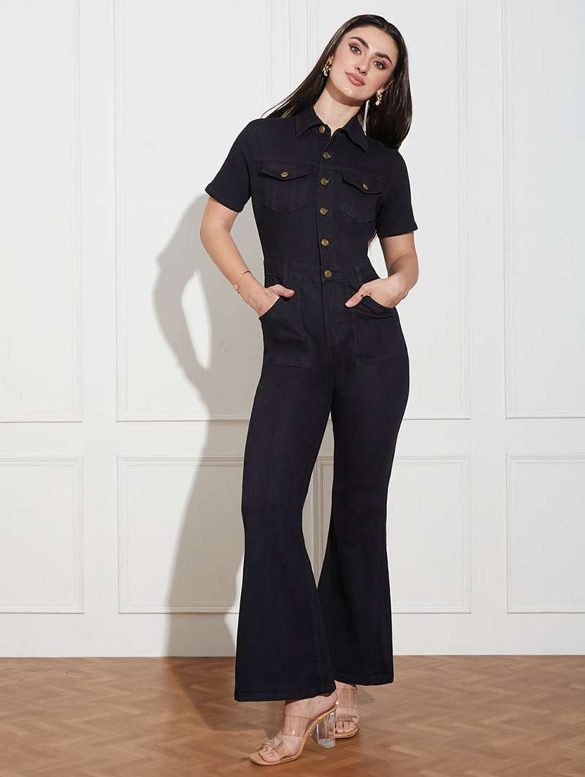 women solid collared short sleeve denim jumpsuit