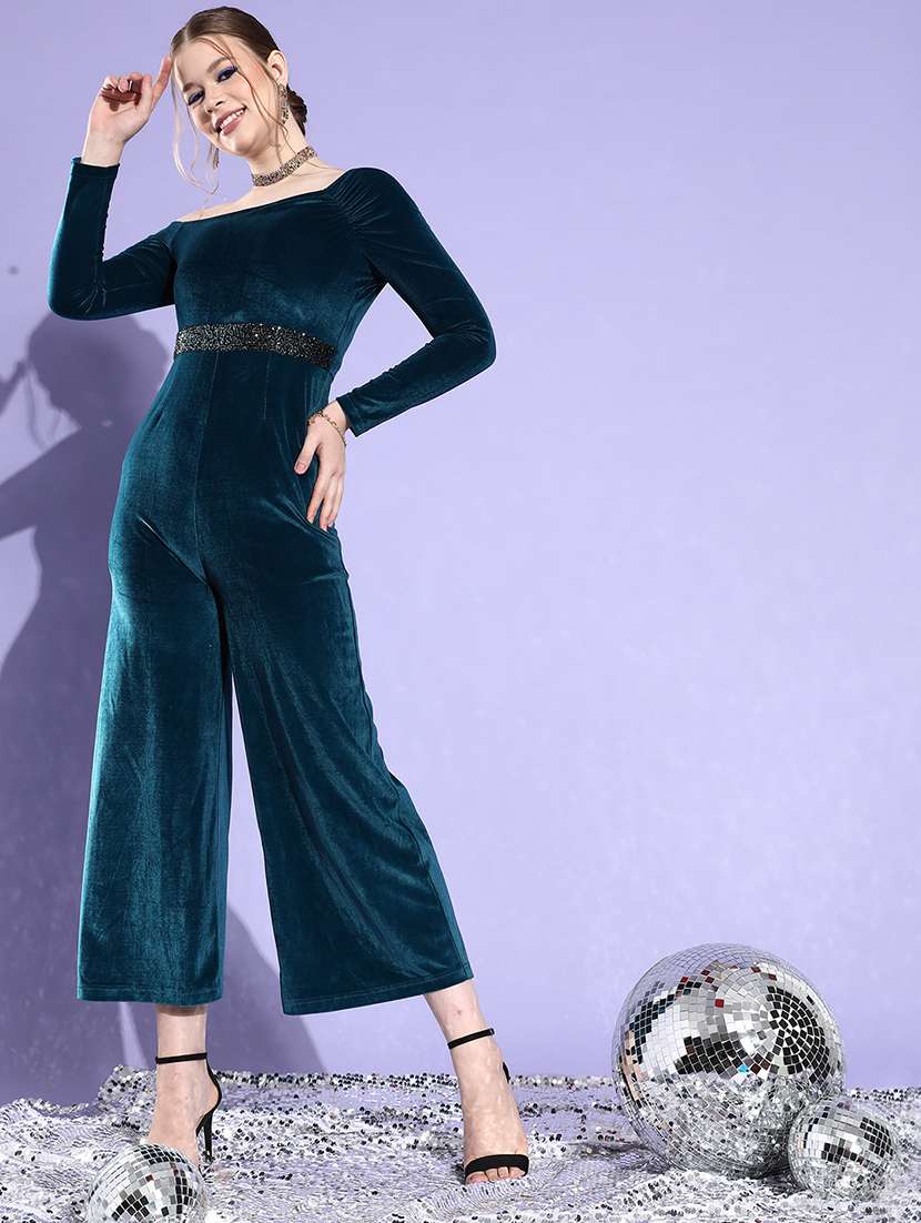 women solid asymmetric neck long sleeve jumpsuit