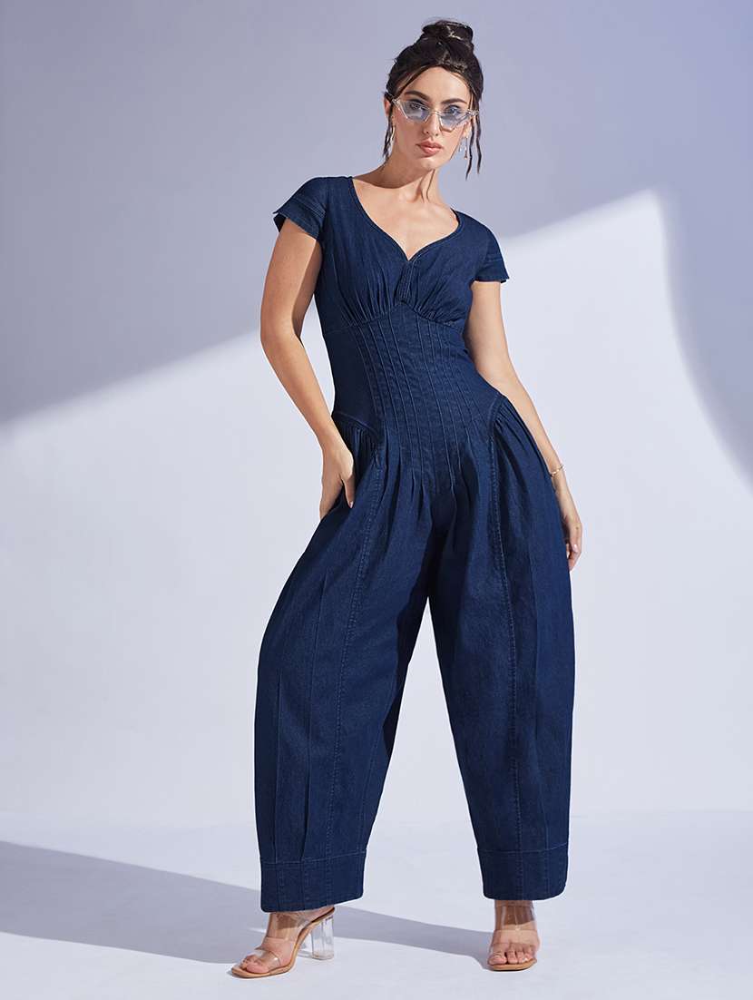 women solid short sleeve denim jumpsuit