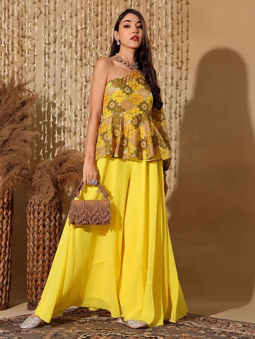 women printed one shoulder top and palazzo fusion set