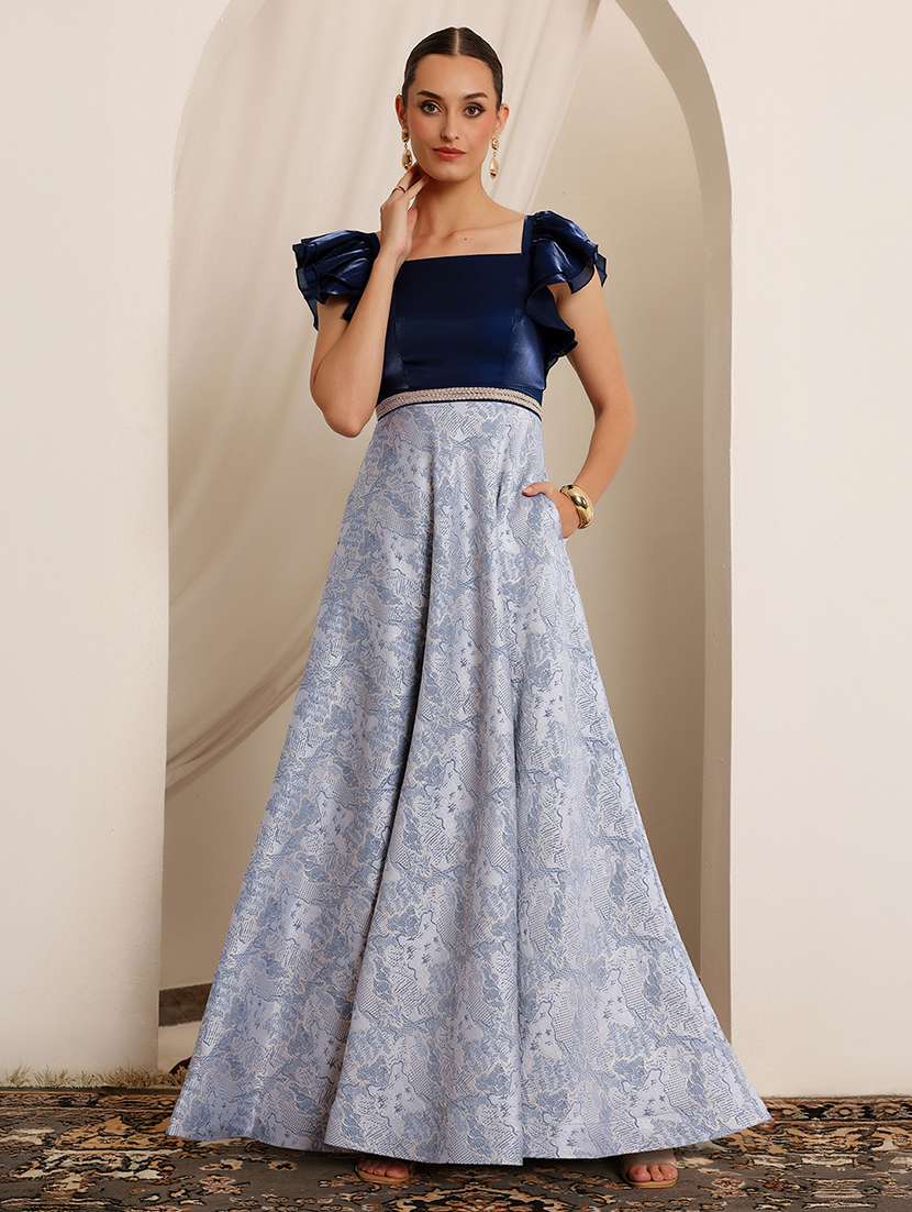 women printed flute sleeve fit & flare ethnic dress