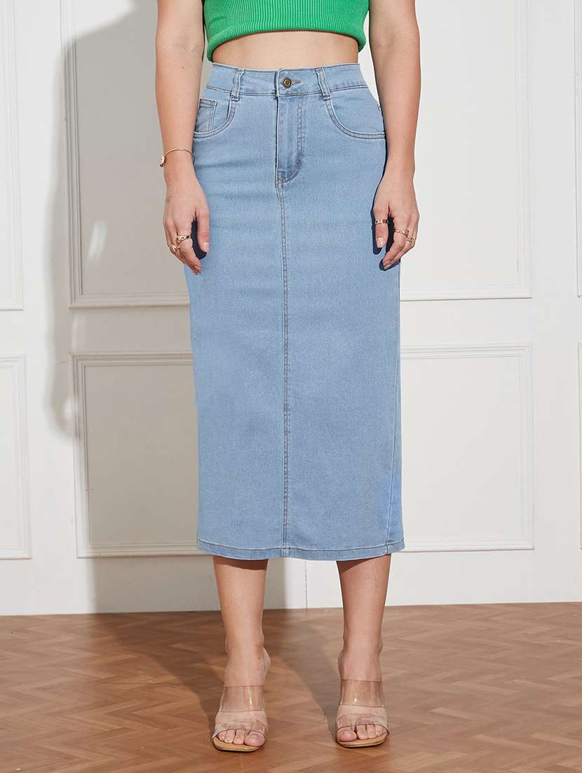 women solid high rise denim straight skirt