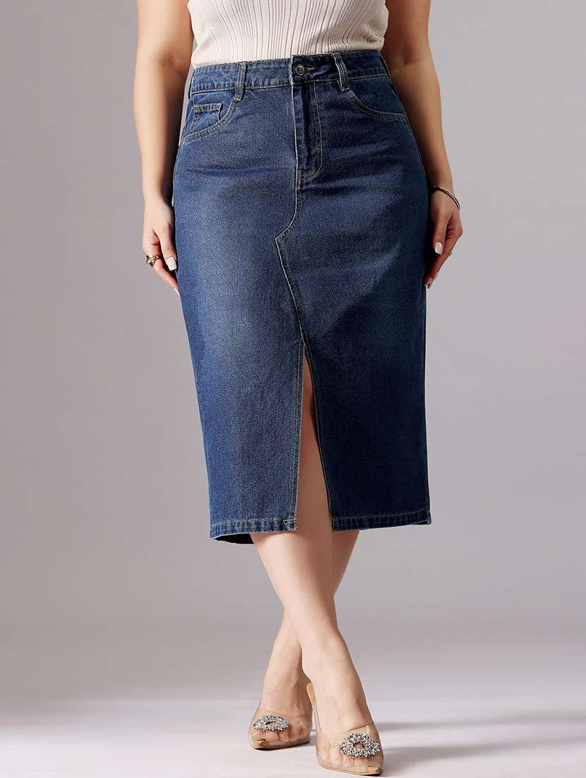 women solid high rise denim skirt