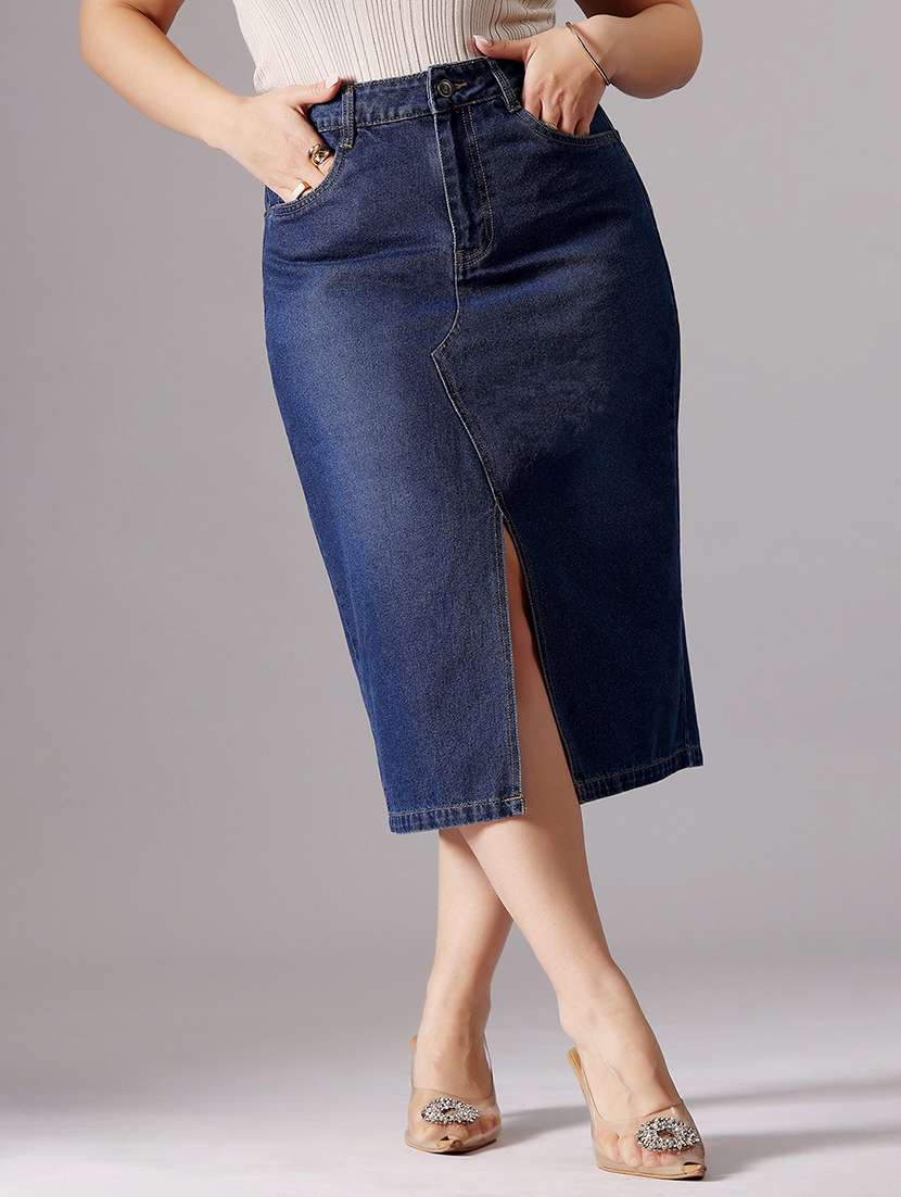 women solid high rise denim skirt