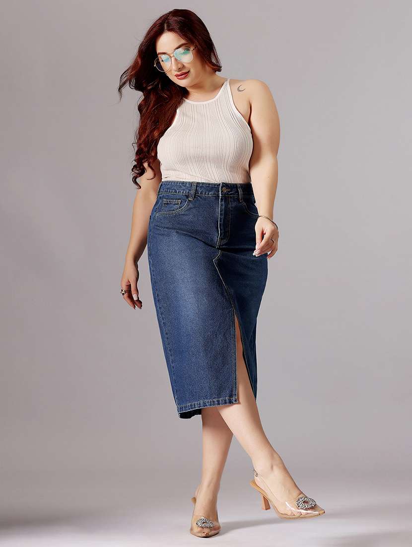 women solid high rise denim skirt - 22433527 -  Standard Image - 3
