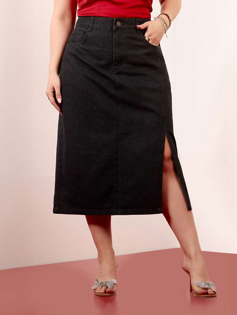 women solid high rise denim skirt