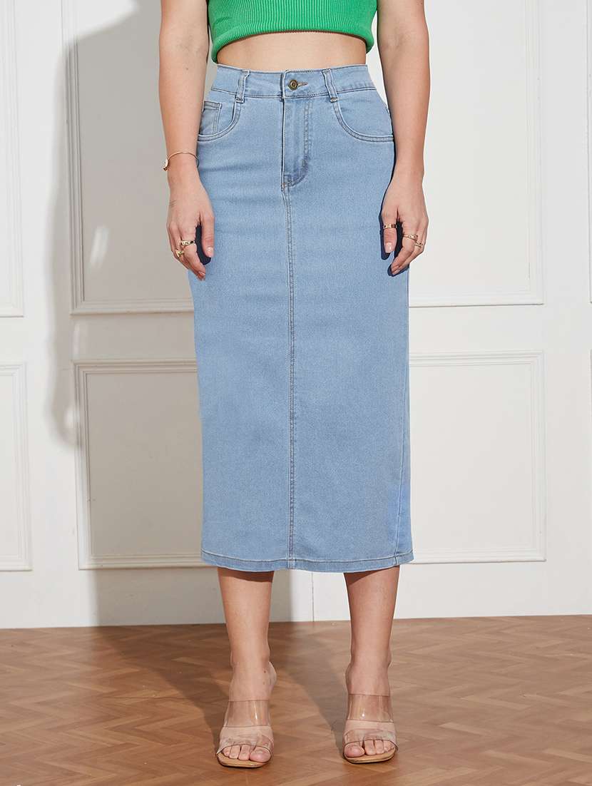 women solid high rise denim straight skirt