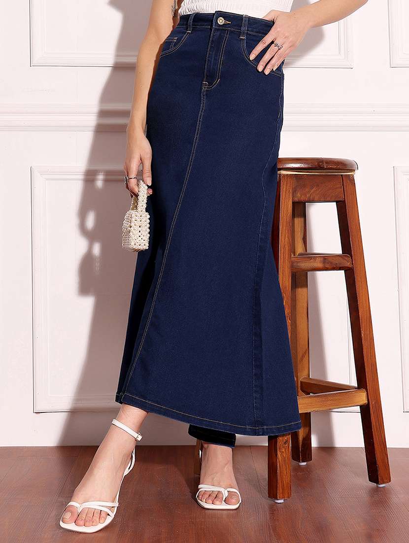women solid high rise denim a-line skirt