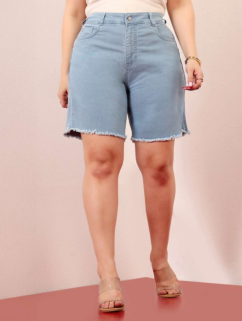 women solid high rise denim shorts