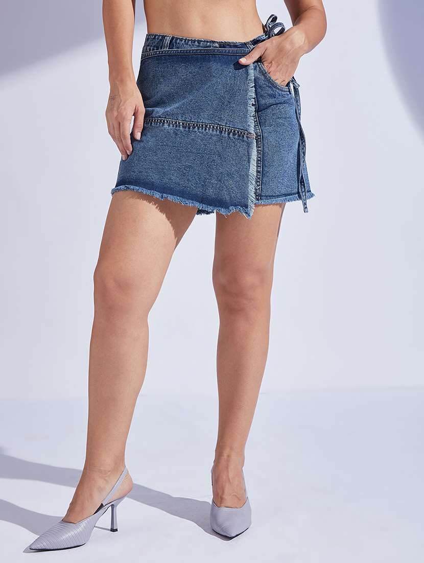 women solid high rise denim skorts 