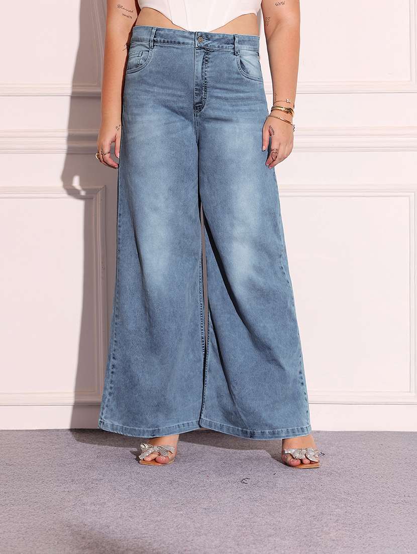 women solid high rise wide leg jeans