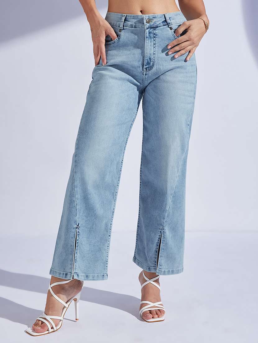 women solid high rise straight jean