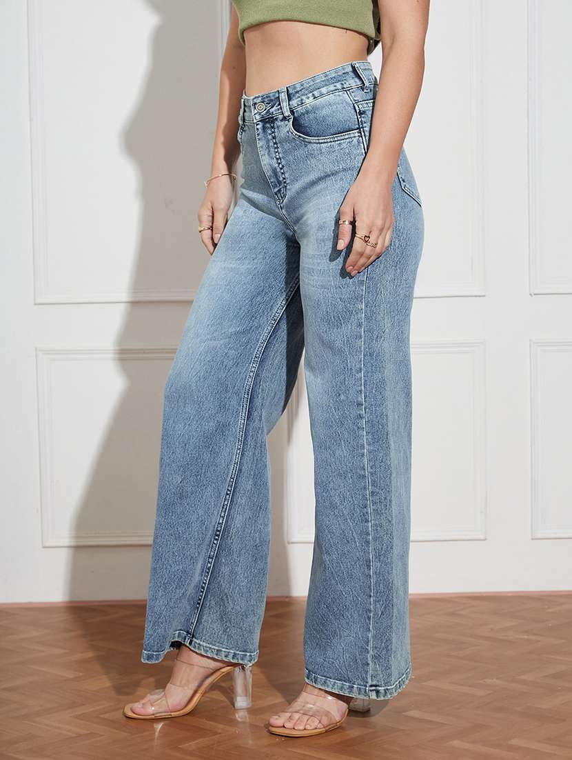 women solid high rise wide leg jean