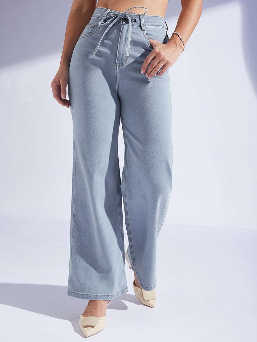 women solid high rise wide leg jean