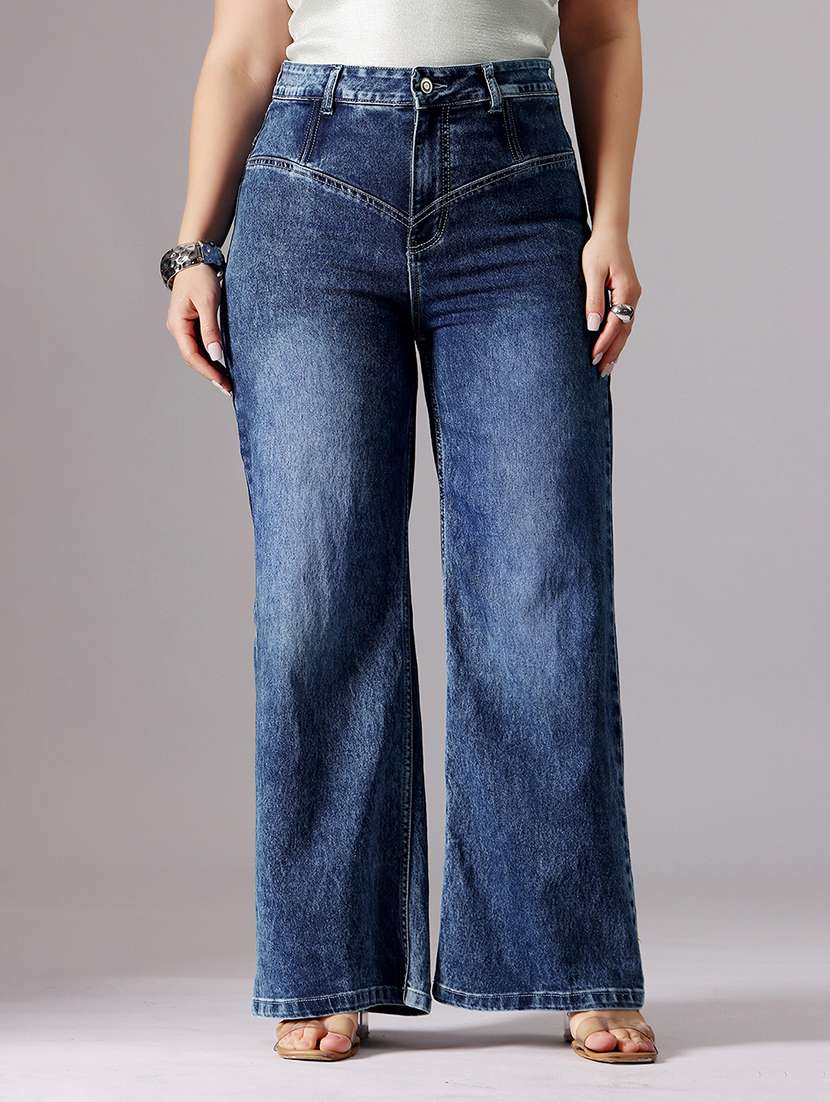 women solid high rise wide leg jeans