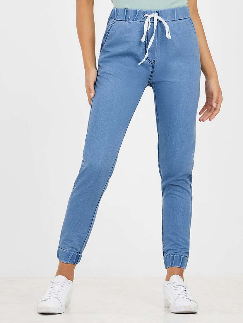 women solid high rise denim jogger