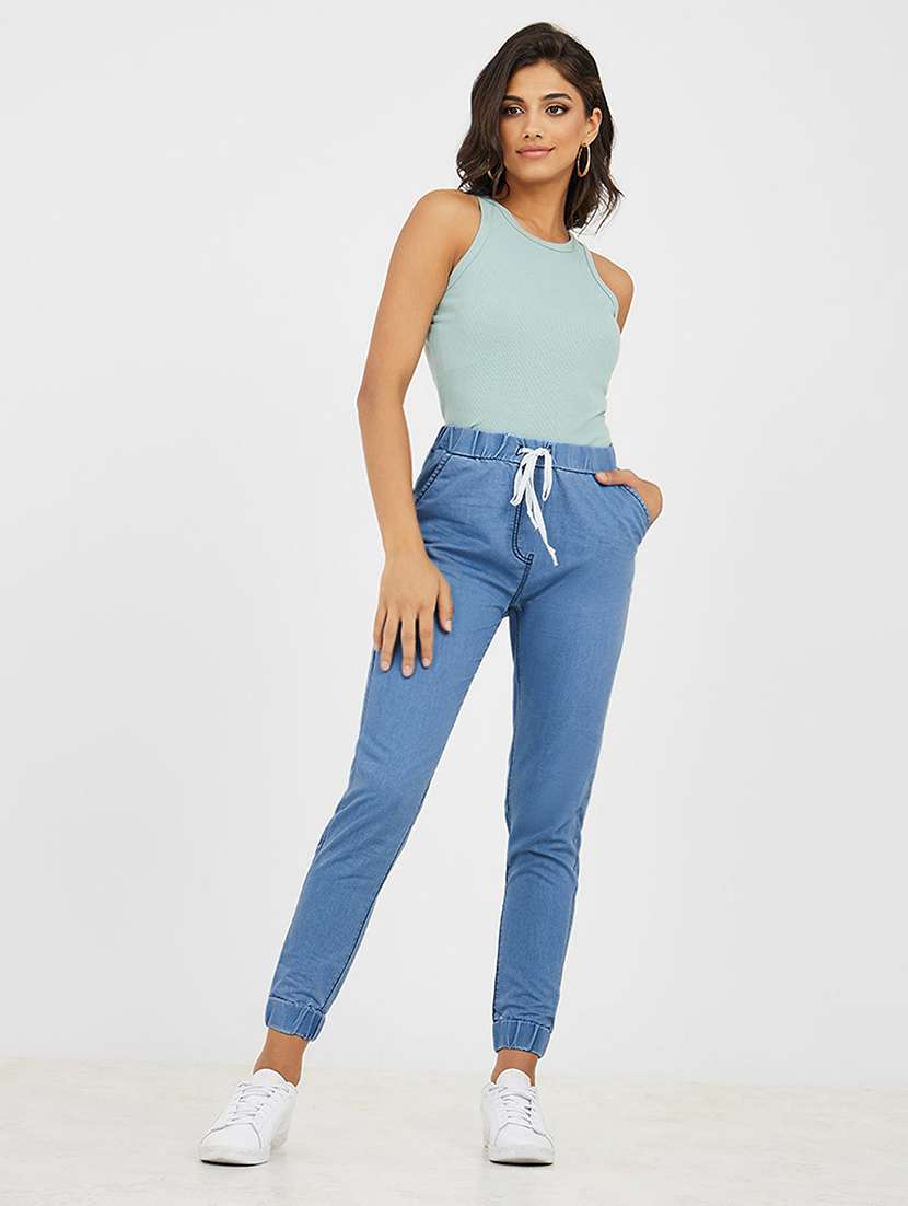women solid high rise denim jogger - 22433592 -  Standard Image - 3