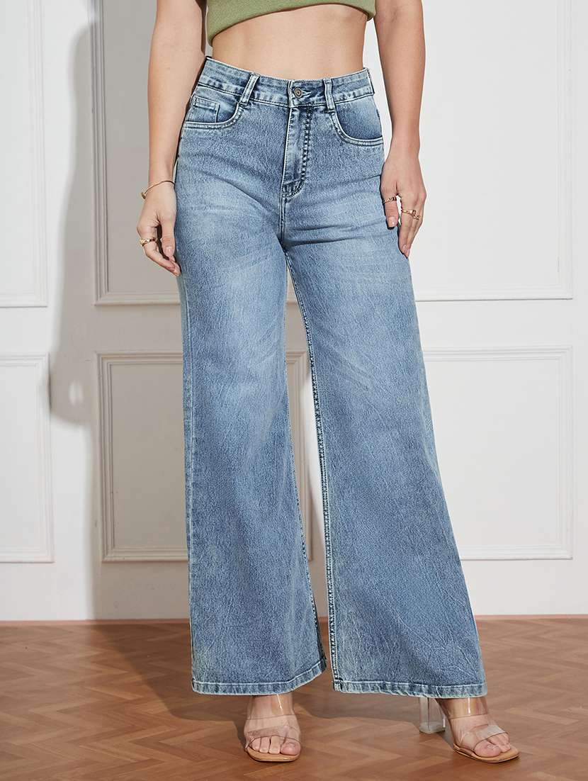 women solid high rise wide leg jeans