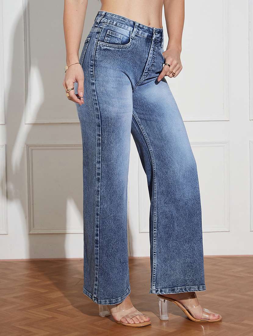 women solid high rise wide leg jeans