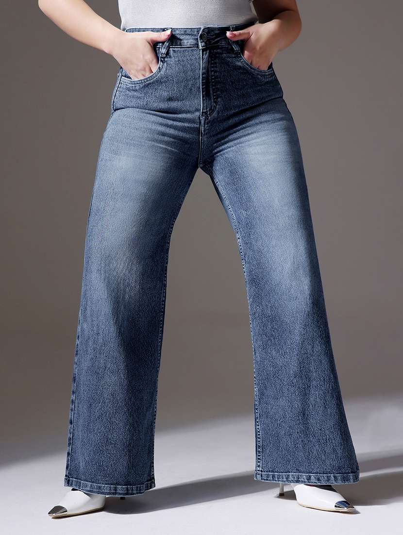 women solid high rise wide leg jeans