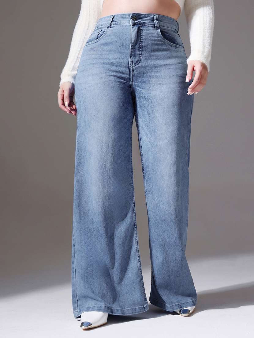 women solid high rise wide leg jeans
