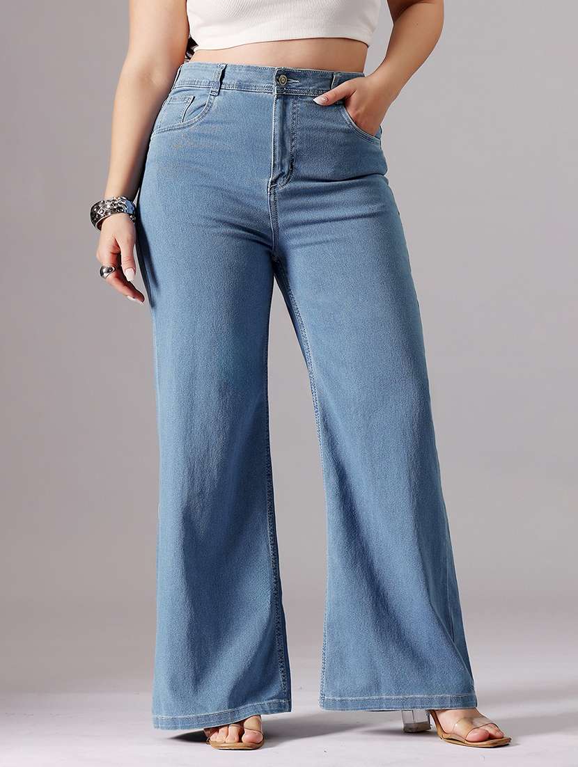 women solid high rise wide leg jeans