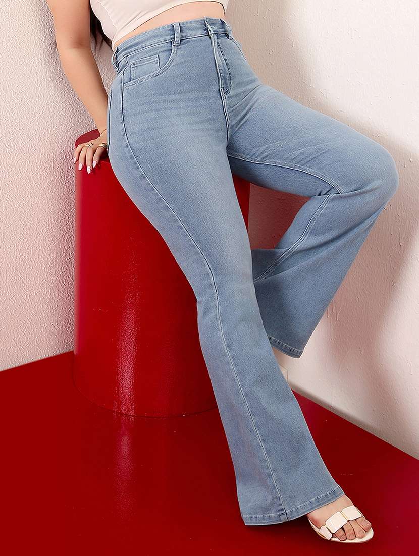 women solid high rise bootcut jeans