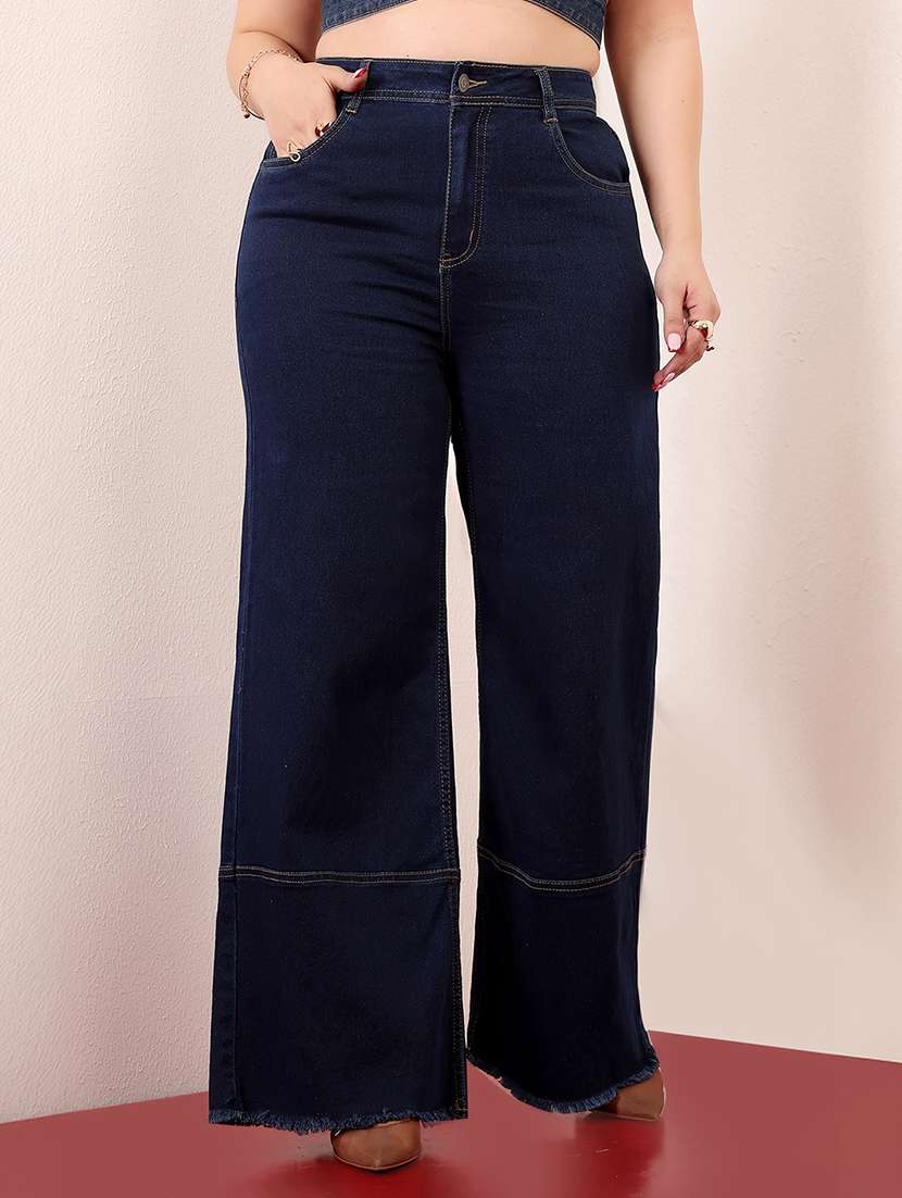 women solid high rise wide leg jeans