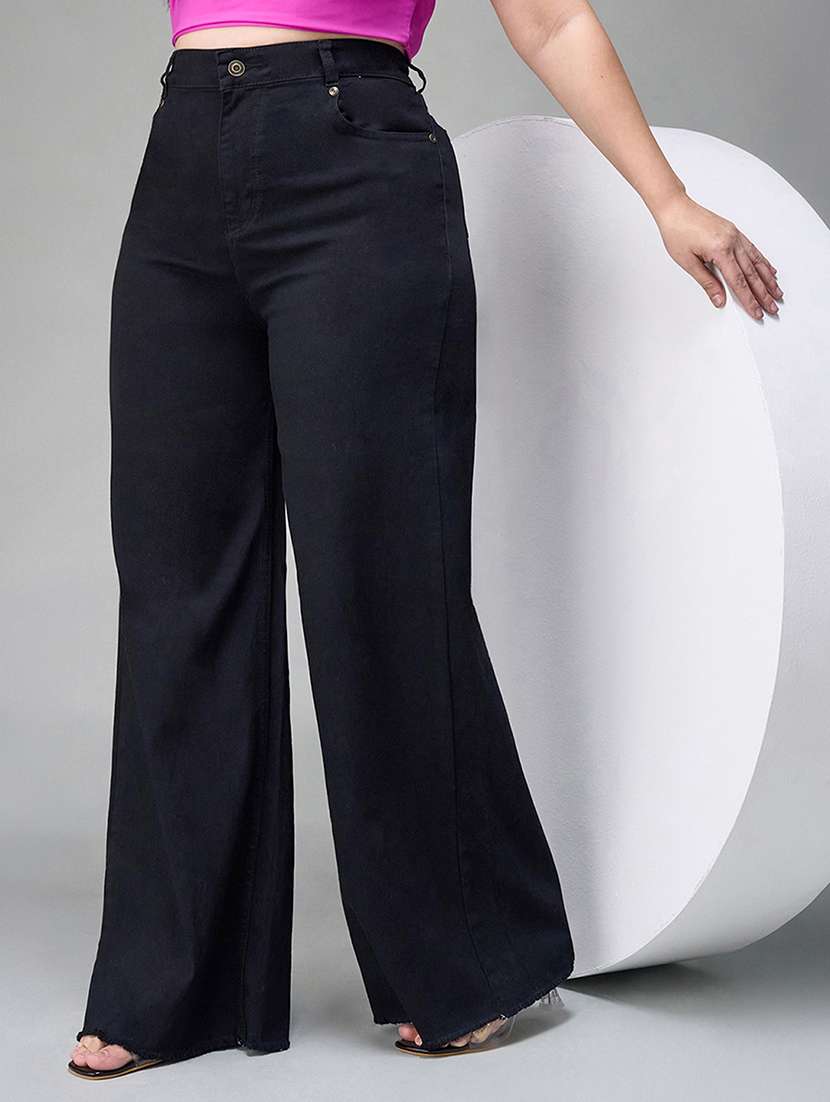 women solid high rise wide leg jeans