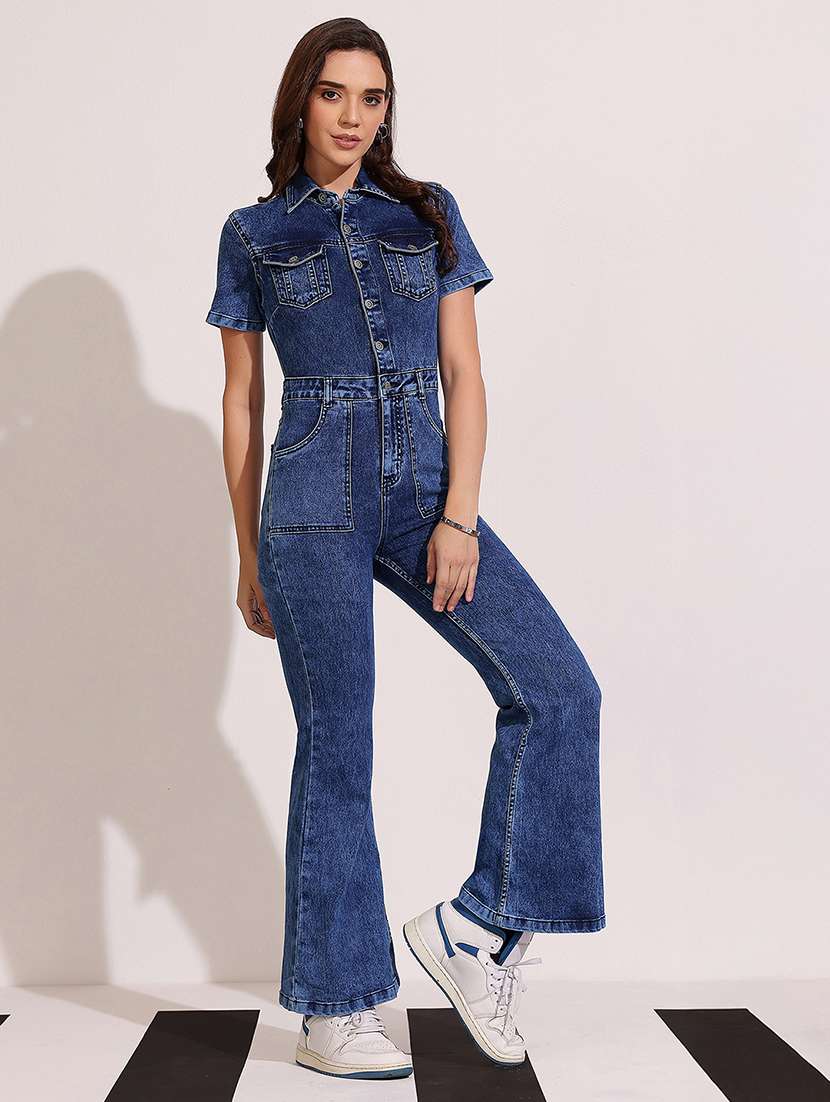 women solid collared short sleeve denim jumpsuit