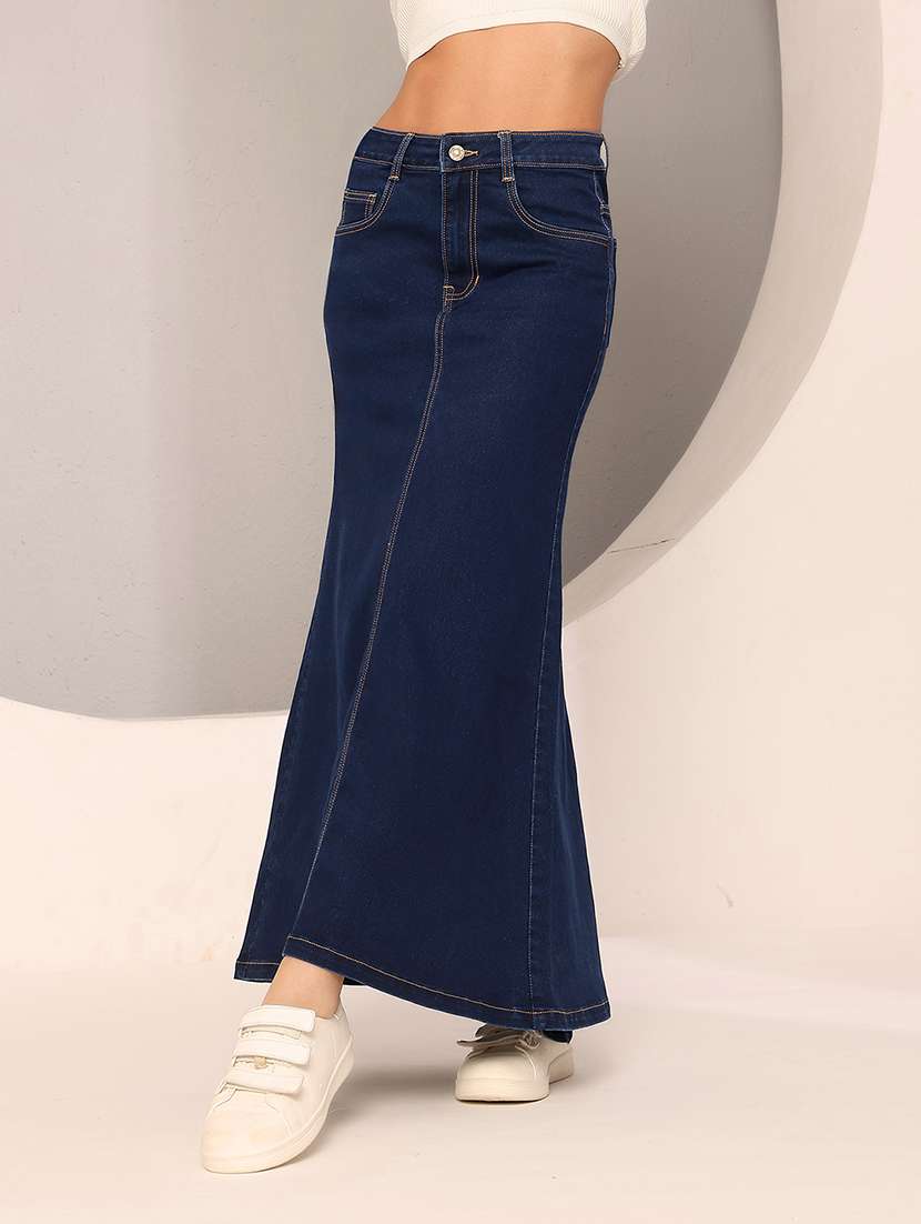 women blue denim flared skirt