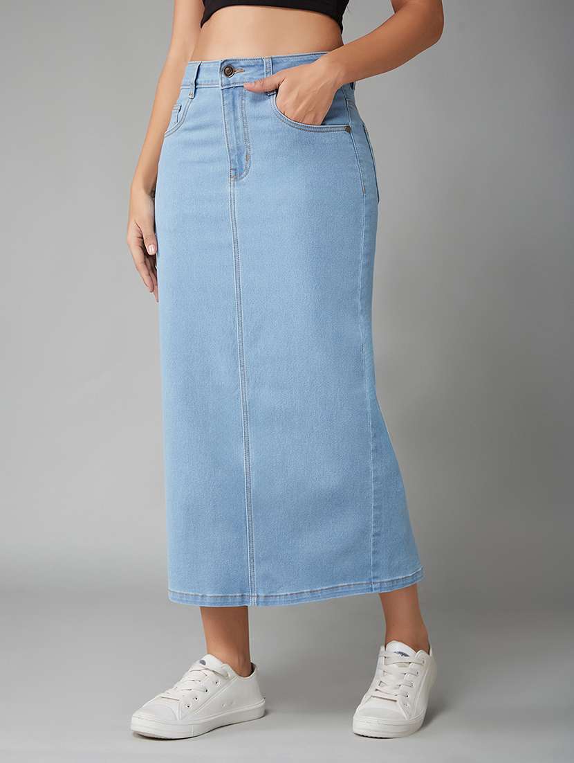 women blue cotton straight skirt