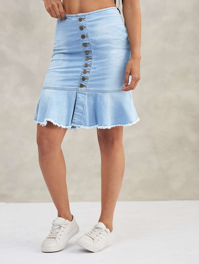 women blue cotton flared skirt
