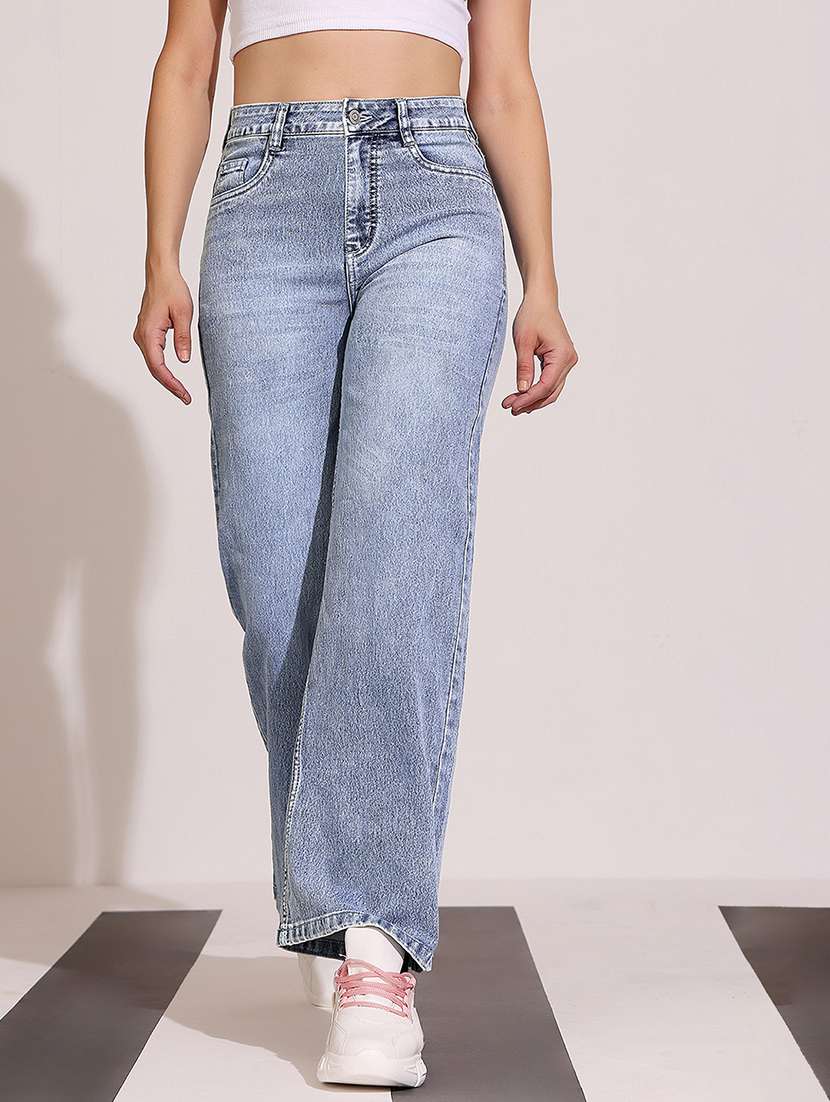 women blue denim plain wide leg high rise jeans