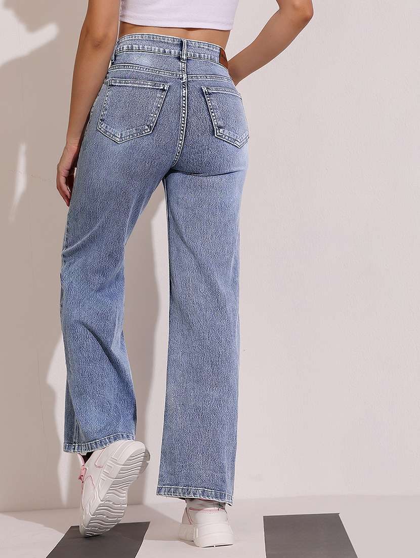 women blue denim plain wide leg high rise jeans - 22433742 -  Standard Image - 3