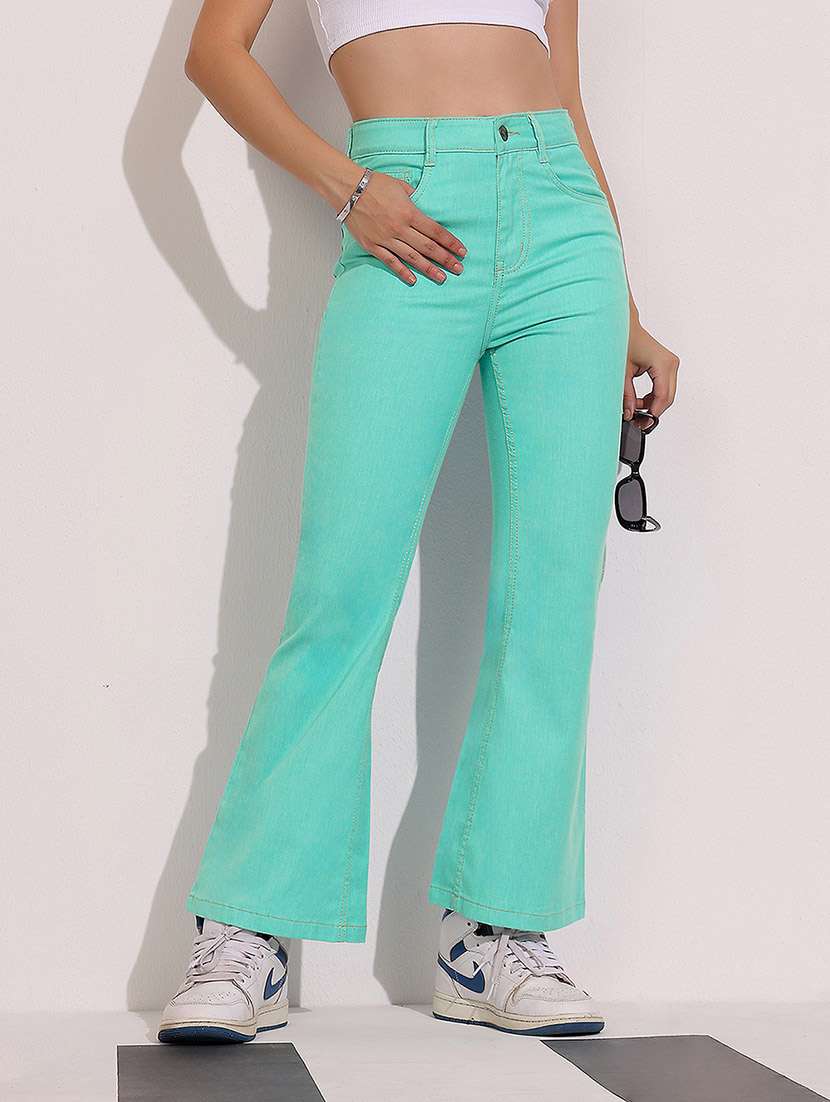 women denim bootcut teal jeans high rise