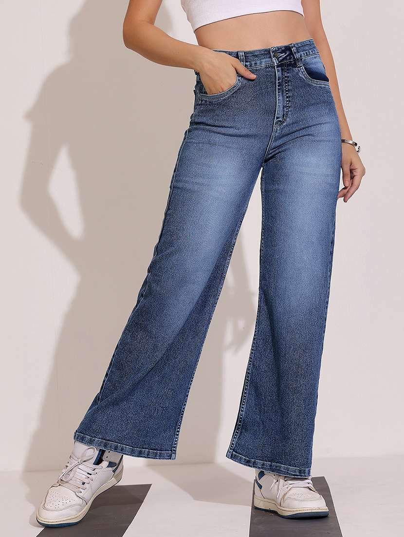 women light blue denim wide leg casual jeans