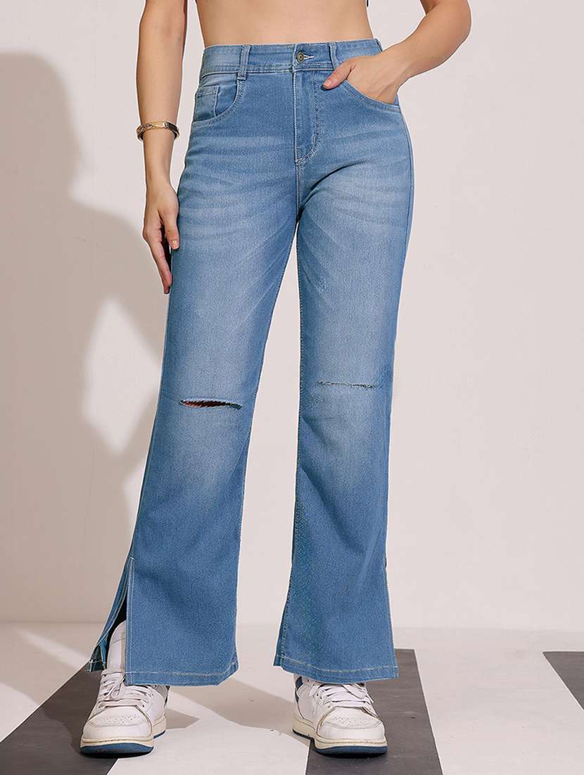 women distress wide leg mid rise blue jeans