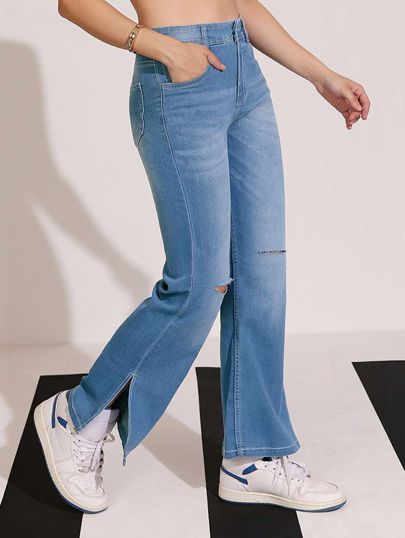 women distress wide leg mid rise blue jeans - 22433772 -  Standard Image - 3