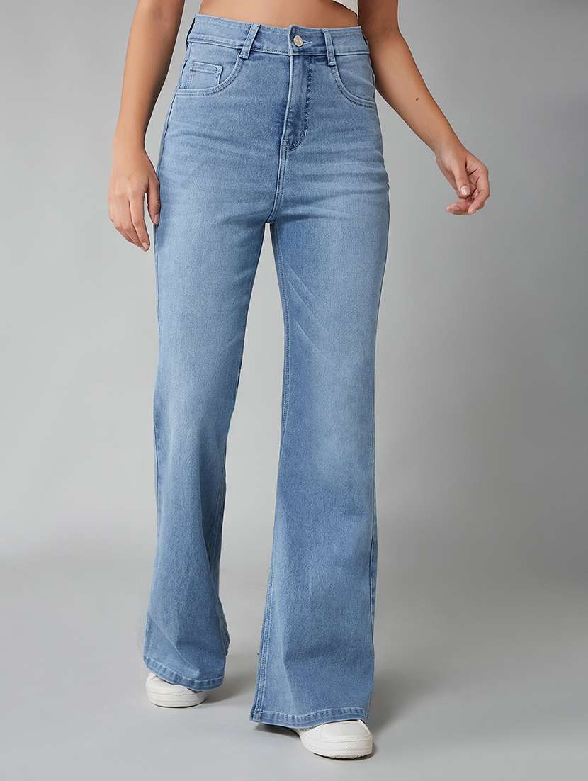 women blue cotton plain bootcut high rise jeans