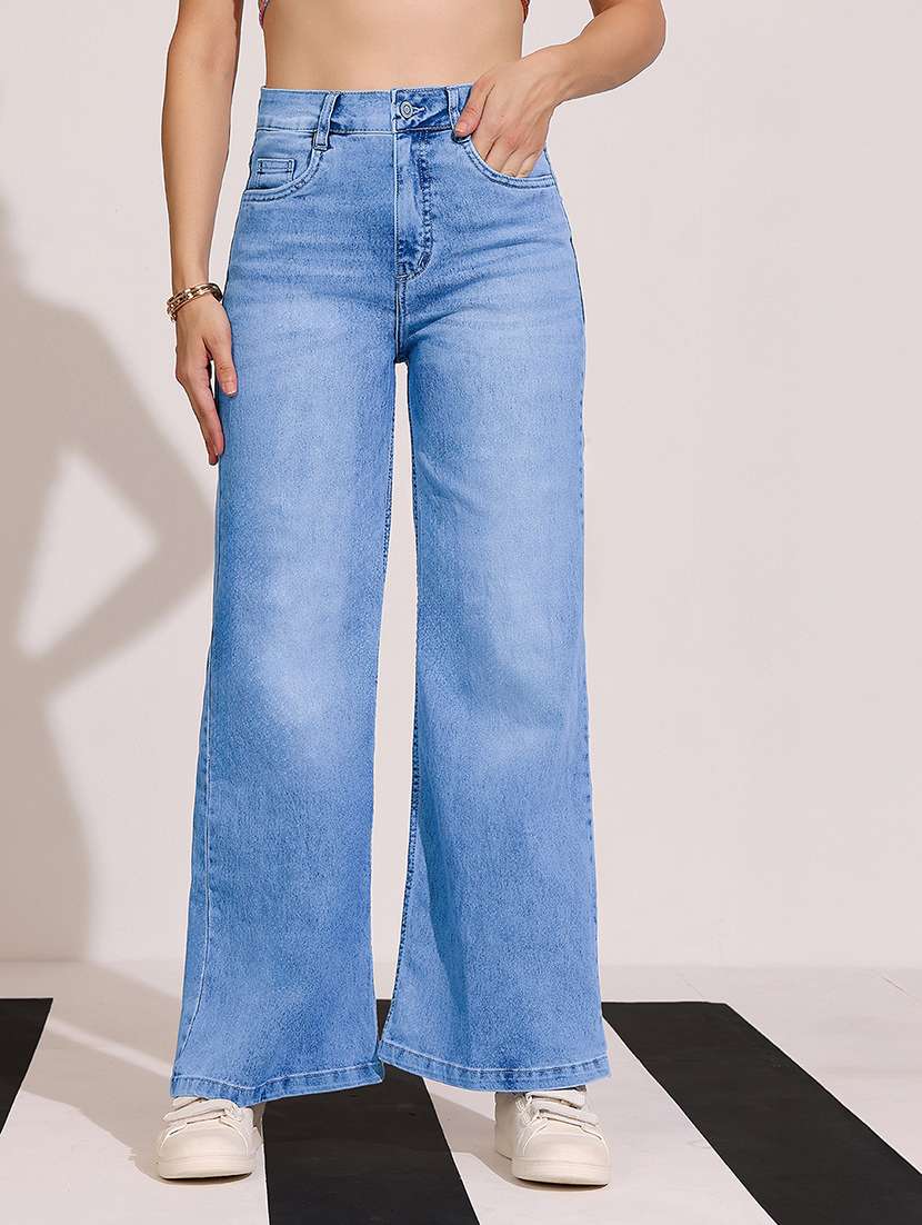 women light blue denim wide leg jeans