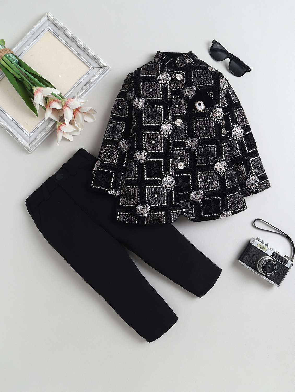 boys embroidered long sleeve sherwani set