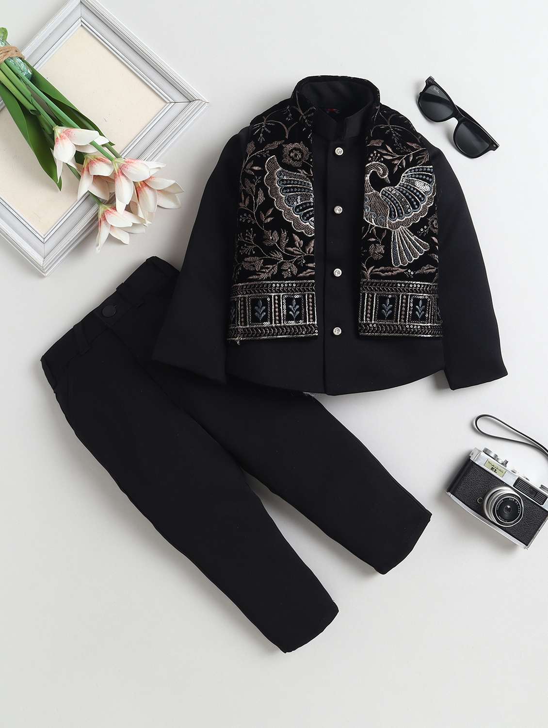 boys embroidered long sleeve sherwani set