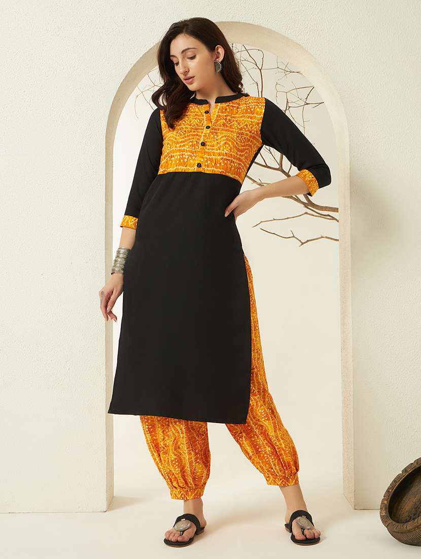 women bandhani three quarter sleeve kurta salwar set