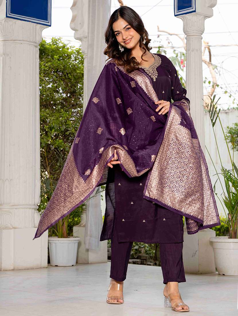 women solid with work three quarter sleeve kurta pant with dupatta set - 22433917 -  Standard Image - 3