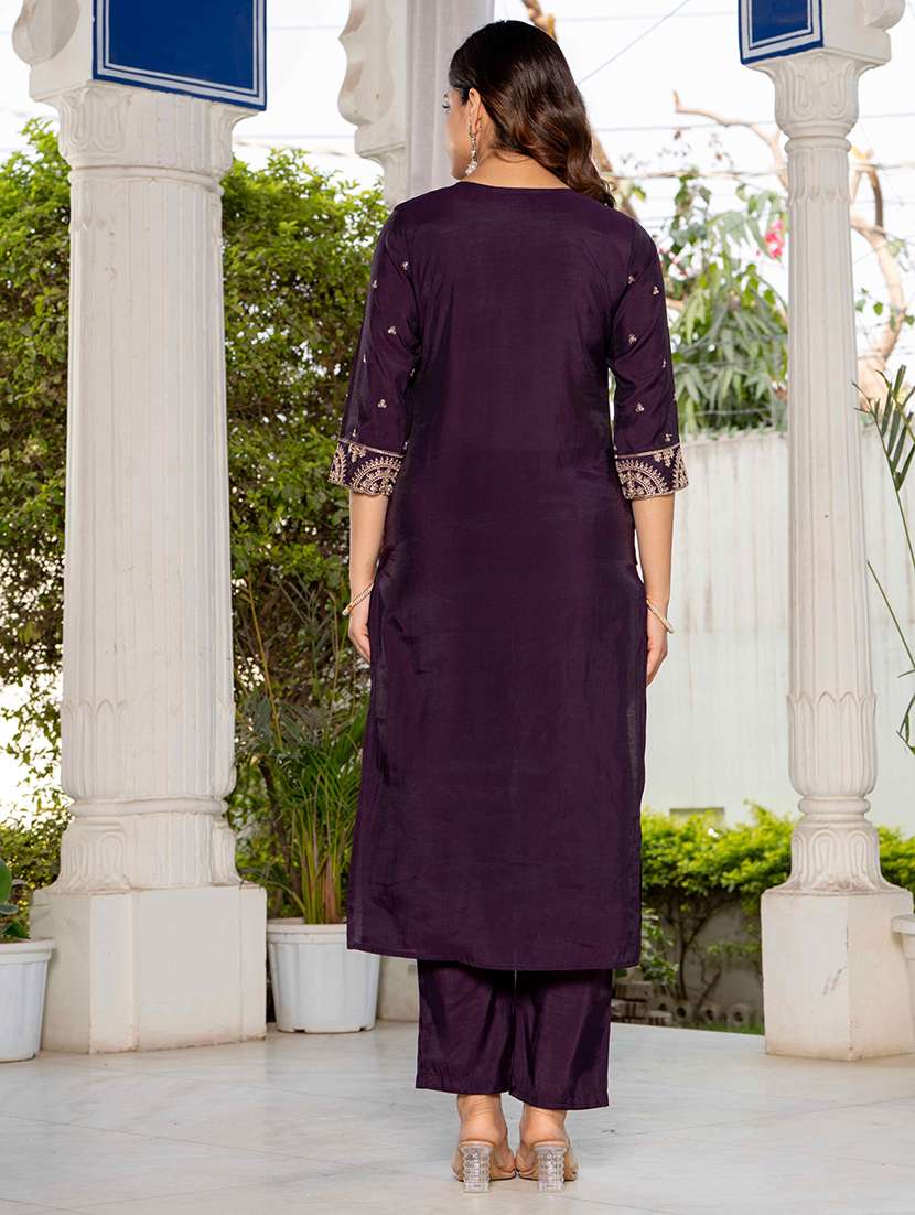 women solid with work three quarter sleeve kurta pant with dupatta set - 22433917 -  Standard Image - 5