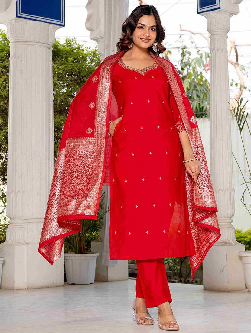 women solid with work three quarter sleeve kurta pant with dupatta set - 22433918 -  Standard Image - 3